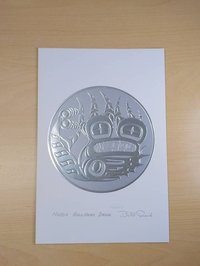 Haida Bullhead Drum by Bill Reid Haida Artist 6"x9" Silver Embossed Art Card
