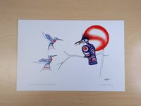 Hummingbird and King Fisher by Richard Shorty Northern Tutchone Yukon Artist 6"x9" Art Card