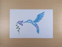 Blue Hummingbird and Flower by Pauline Bull Salish Artist 6"x9" Art Card