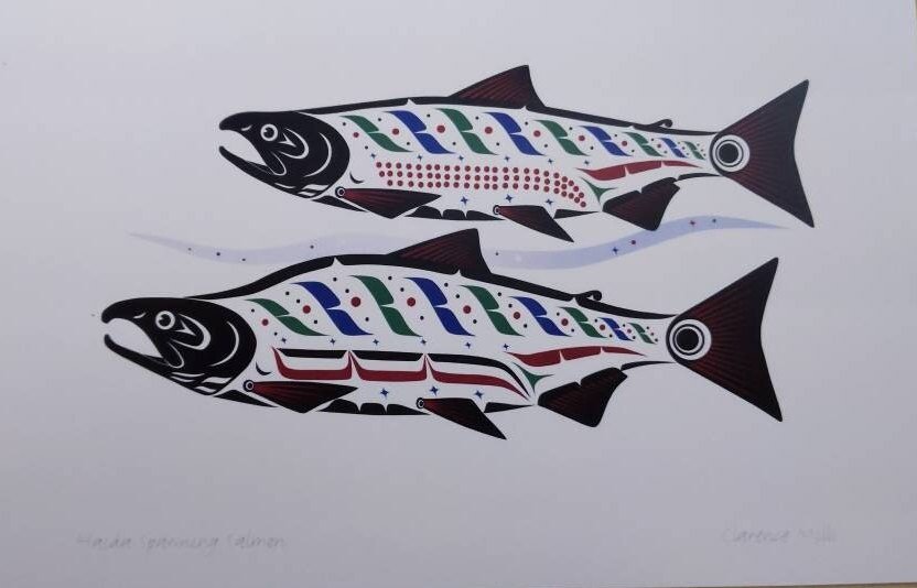 Haida Spawning Sockeye Salmon by Clarence Mills Haida Artist 6"x9" art card