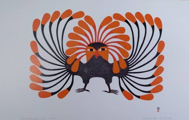 Autumnal Owl, 1999 by Kenojuak Ashevak Inuit Artist 6"x9" Art Card