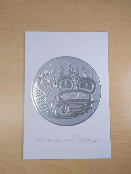 Haida Bullhead Drum by Bill Reid Haida Artist 6"x9" Silver Embossed Art Card