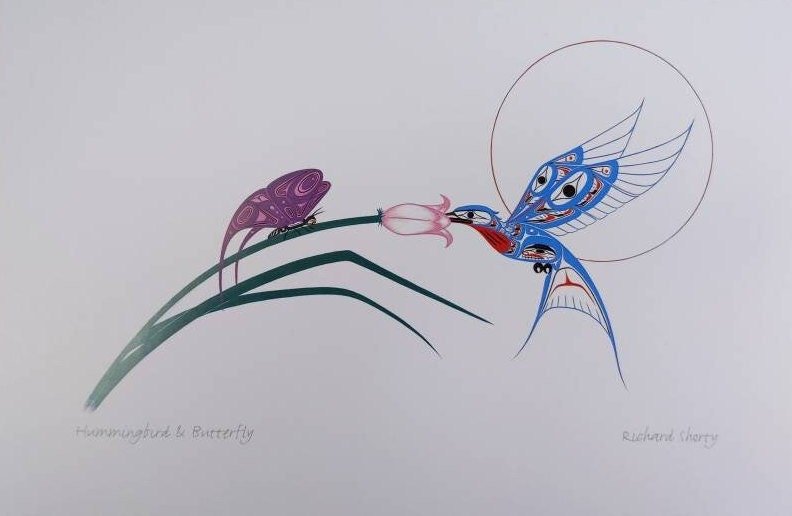 Hummingbird and Butterfly by Richard Shorty Northern Tutchone Yukon Artist 6"x9" Art Card