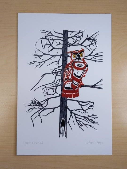Copper Tone Owl by Richard Shorty Northern Tutchone Yukon Artist 6"x9" Art Card