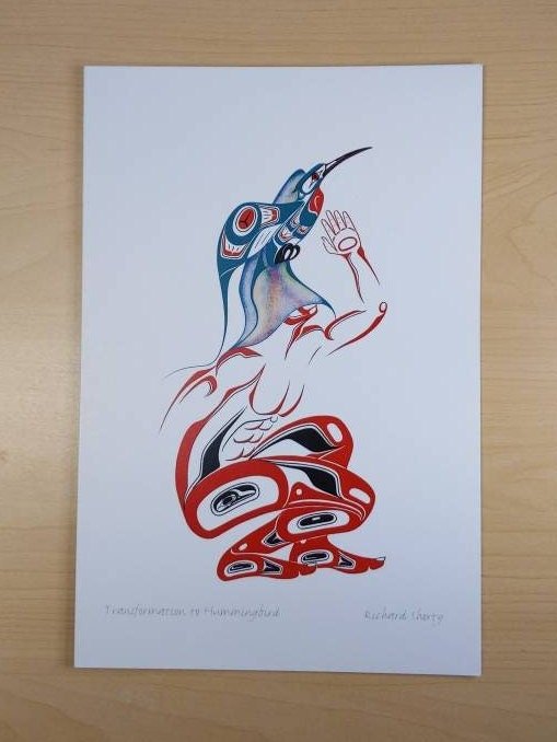 Transformation to Hummingbird by Richard Shorty Northern Tutchone Yukon Artist 6"x9" Art Card