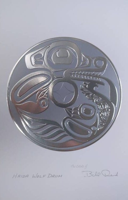 Haida Wolf Drum by Bill Reid Haida Artist 6"x9" Silver Embossed Art Card