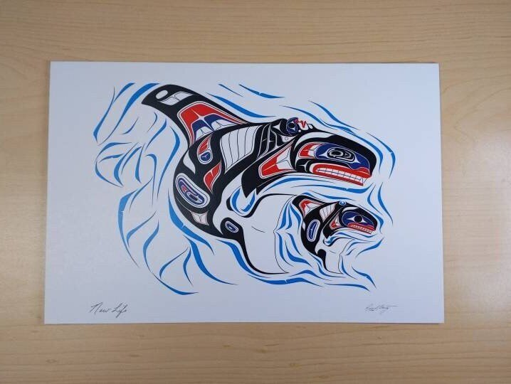 New Life - Killer Whale and Young by Richard Shorty Northern Tutchone Yukon Artist 6"x9" Art Card