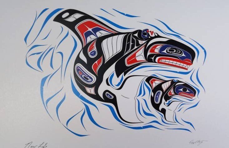 New Life - Killer Whale and Young by Richard Shorty Northern Tutchone Yukon Artist 6"x9" Art Card