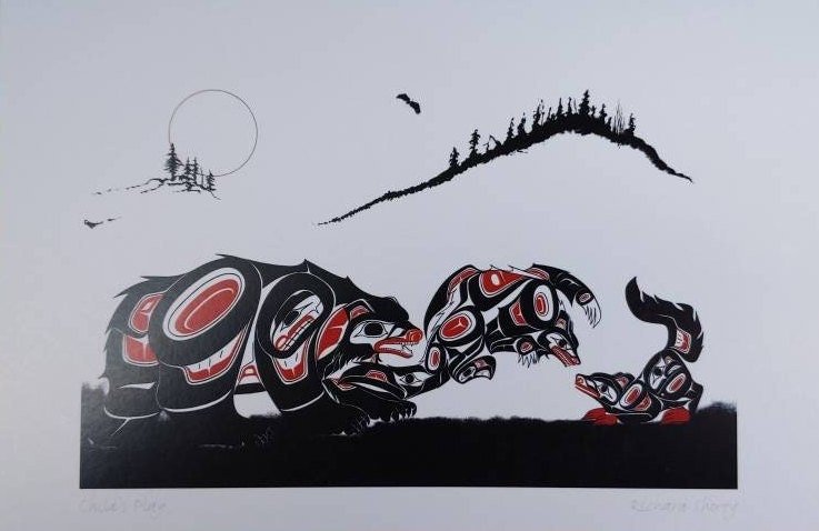 Bear and Cubs Child's Play by Richard Shorty Northern Tutchone Yukon Artist 6"x9" Art Card