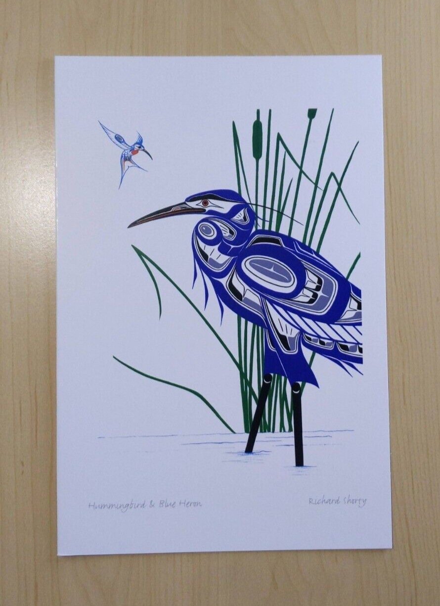 Hummingbird and Blue Heron by Richard Shorty Northern Tutchone Artist 6"x9" Art Card