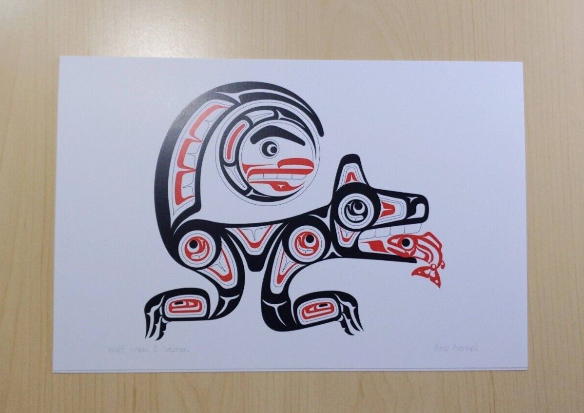 Wolf, Moon and Salmon by Eric Parnell Haida Artist 6"x9" Art Card