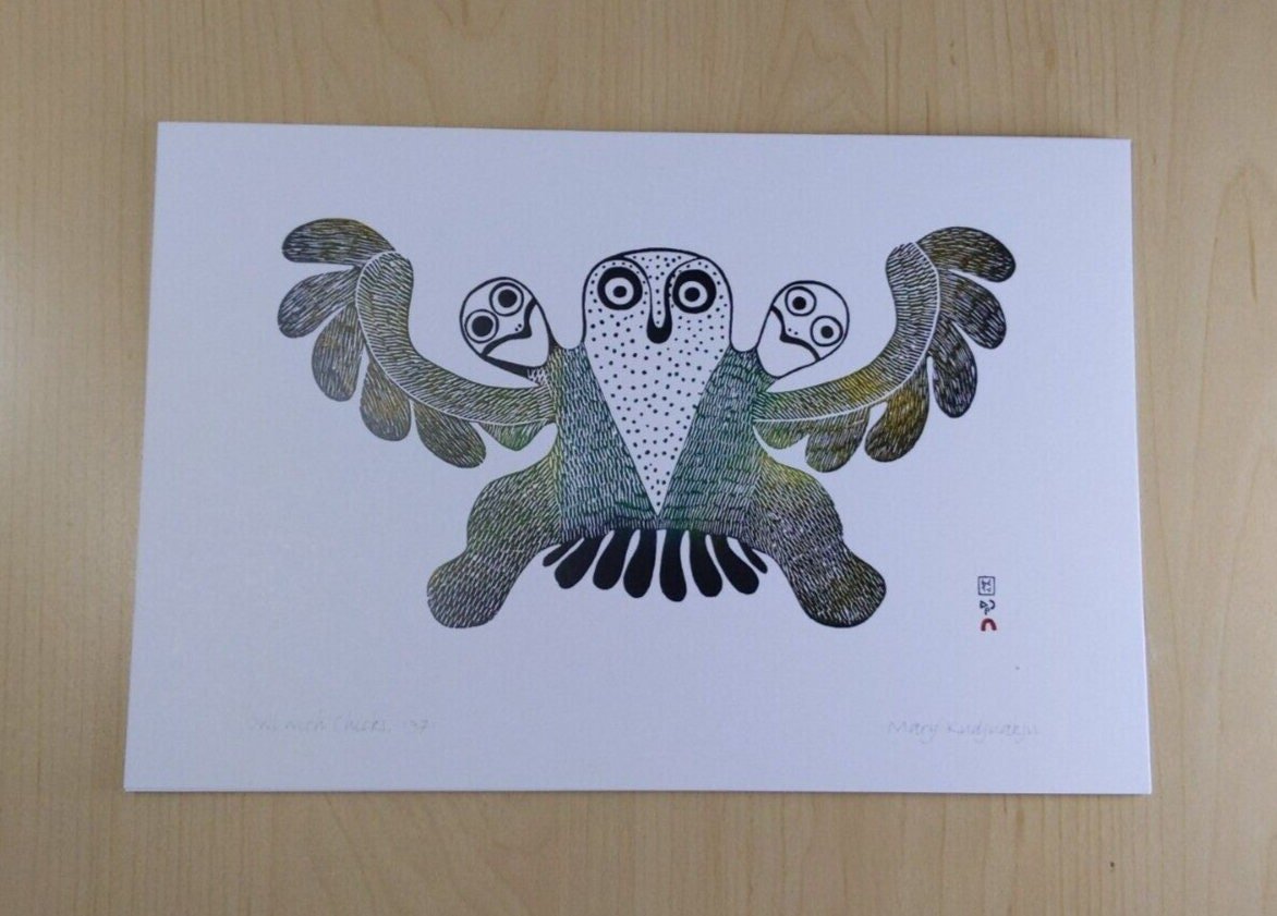 Owl with Chicks by Mary Kudjuakju Inuit Artist 6"x9" Art Card