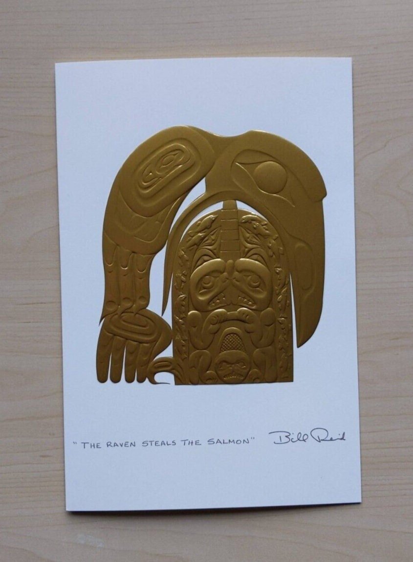 The Raven Steals The Salmon by Bill Reid Haida Artist 6"x9" Gold Embossed Art Card