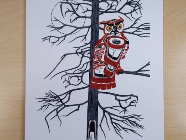 Copper Tone Owl by Richard Shorty Northern Tutchone Yukon Artist 6"x9" Art Card