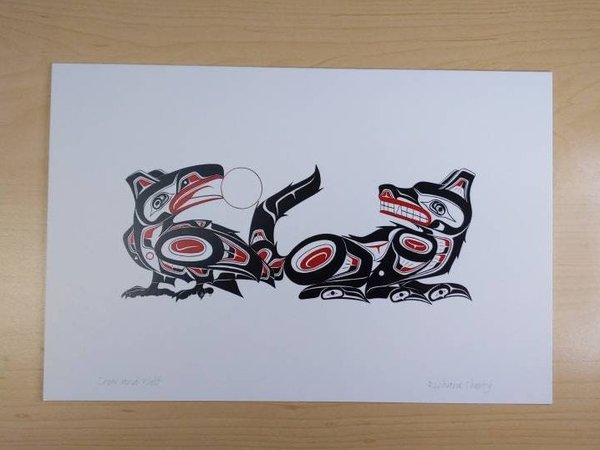 Crow and Wolf by Richard Shorty Northern Tutchone Yukon Artist 6"x9" Art Card