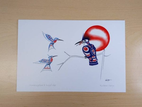 Hummingbird and King Fisher by Richard Shorty Northern Tutchone Yukon Artist 6"x9" Art Card