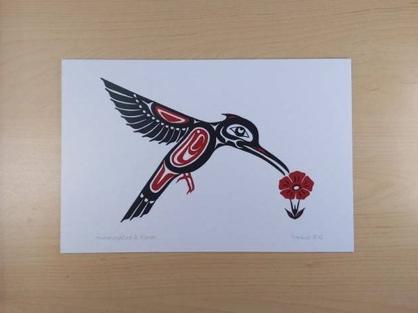 Hummingbird and Flower by Pauline Bull Salish Artist 6"x9" Art Card