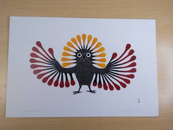 Preening Owl, 1995 by Kenojuak Ashevak Inuit Artist 6"x9" Art Card