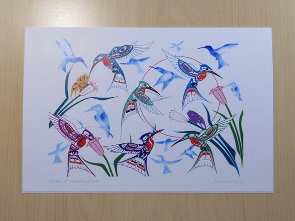 Garden of Hummingbirds by Richard Shorty Northern Tutchone Artist 6"x9" Art Card