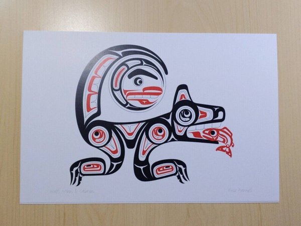 Wolf, Moon and Salmon by Eric Parnell Haida Artist 6"x9" Art Card