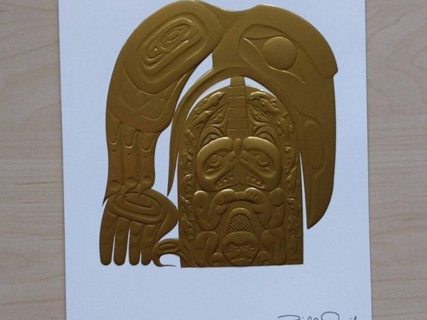 The Raven Steals The Salmon by Bill Reid Haida Artist 6"x9" Gold Embossed Art Card